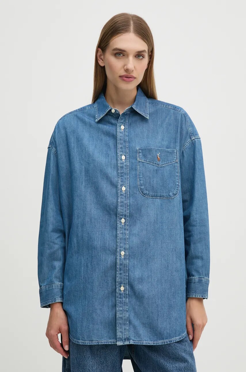 Levně Džínová košile Polo Ralph Lauren dámská, modrá barva, relaxed, s klasickým límcem, 211952262