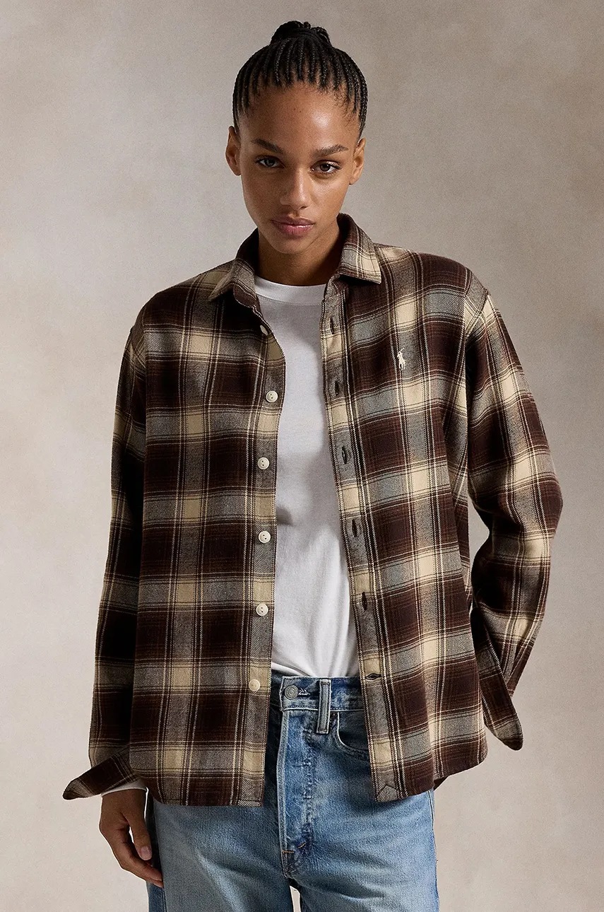 

Памучна риза Polo Ralph Lauren дамска в кафяво със свободна кройка с класическа яка 211923863, Кафяв