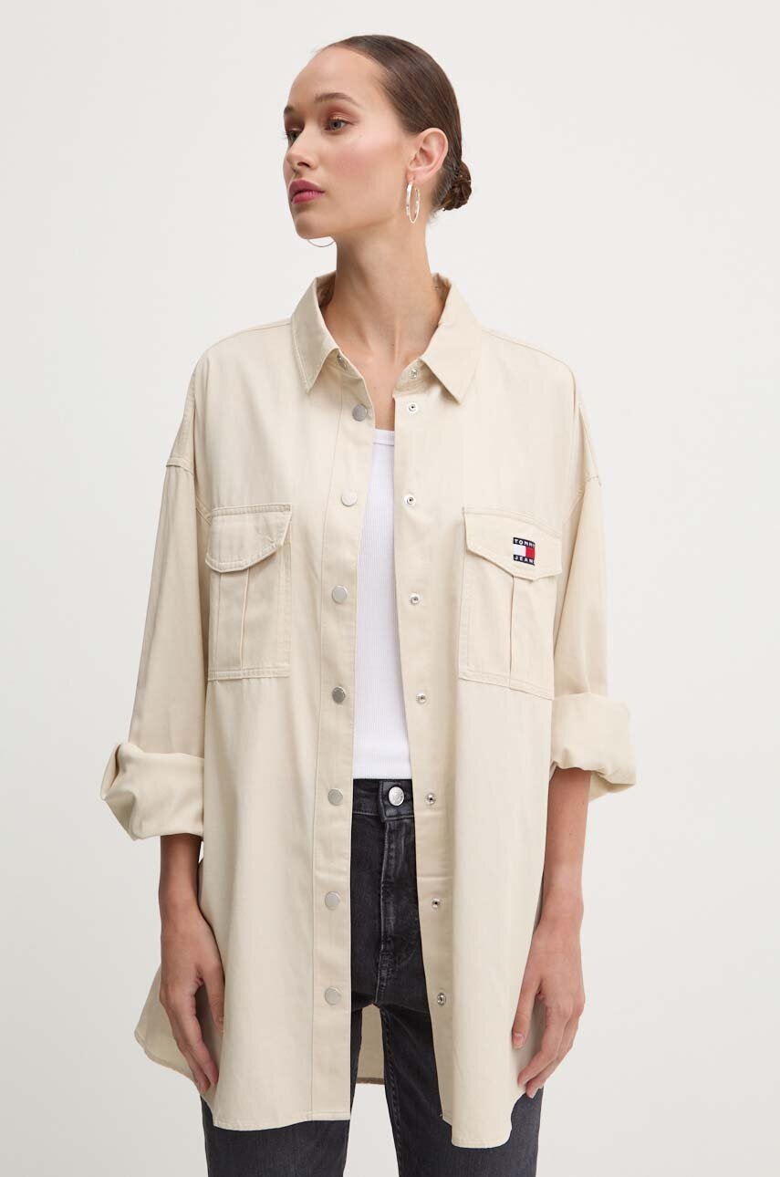 

Риза Tommy Jeans дамска в бежово със свободна кройка с класическа яка DW0DW18445, Бежов