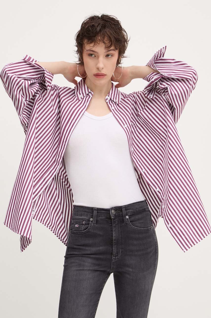 Tommy Jeans camasa din bumbac femei, culoarea violet, cu guler clasic, relaxed, DW0DW19236