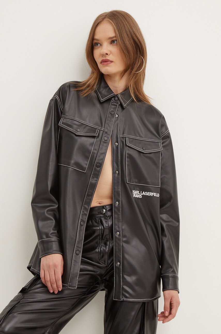 Karl Lagerfeld Jeans geacă cu aspect de cămașă culoarea negru, de tranzitie, oversize, 245J1604