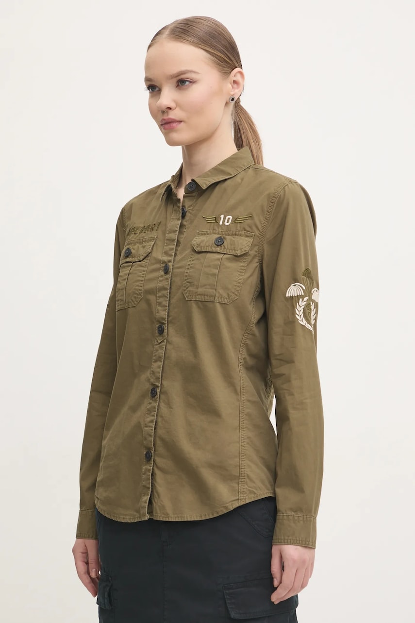 Superdry camasa din bumbac femei, culoarea verde, cu guler clasic, regular, W4010438A-A2Q Superdry camasa din bumbac femei, culoarea verde, cu guler clasic, regular, W4010438A-A2Q