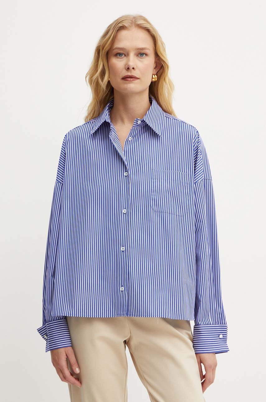 Weekend Max Mara camasa din bumbac femei, culoarea albastru marin, cu guler clasic, relaxed, 2425116032600