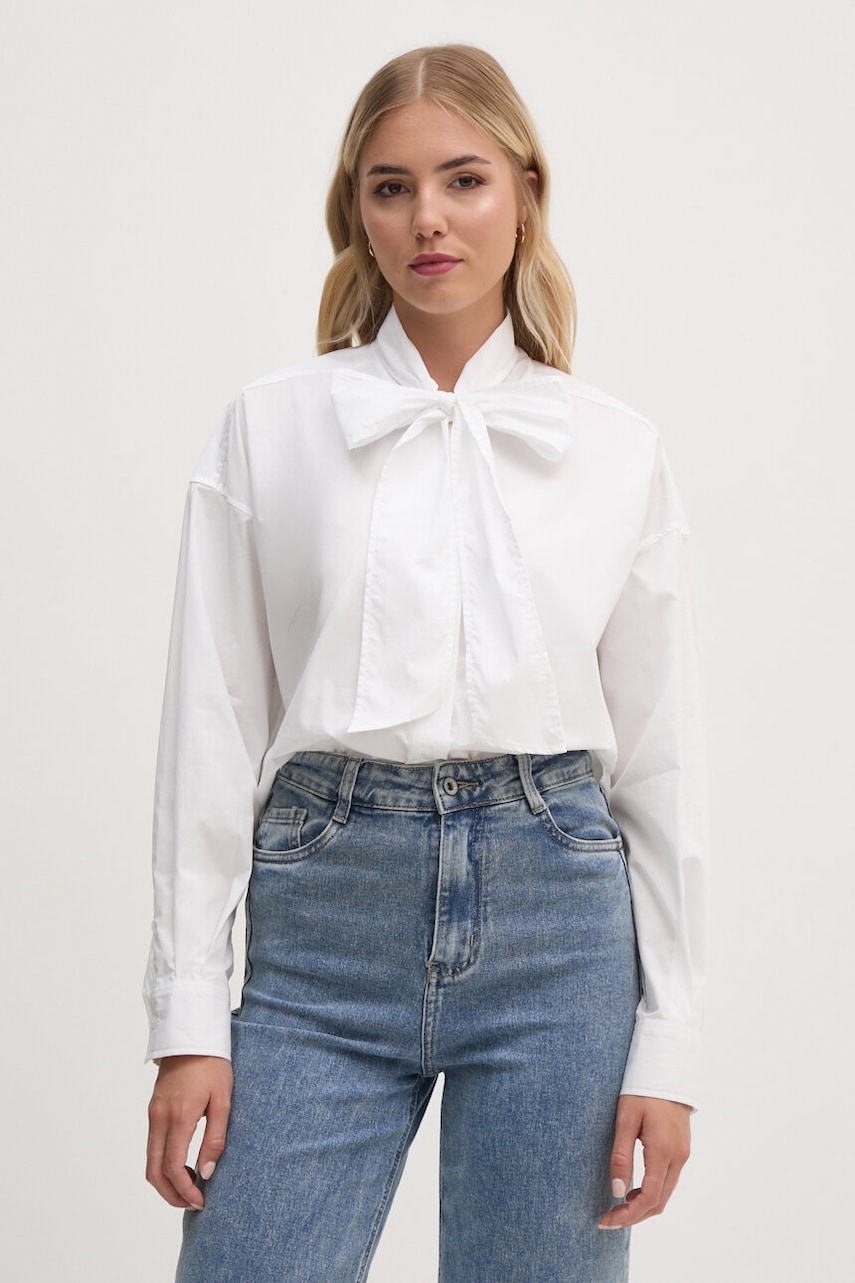 Pepe Jeans camasa din bumbac KARYMA femei, culoarea alb, cu un decolteu legat, relaxed, PL304954 Pepe Jeans camasa din bumbac KARYMA femei, culoarea alb, cu un decolteu legat, relaxed, PL304954
