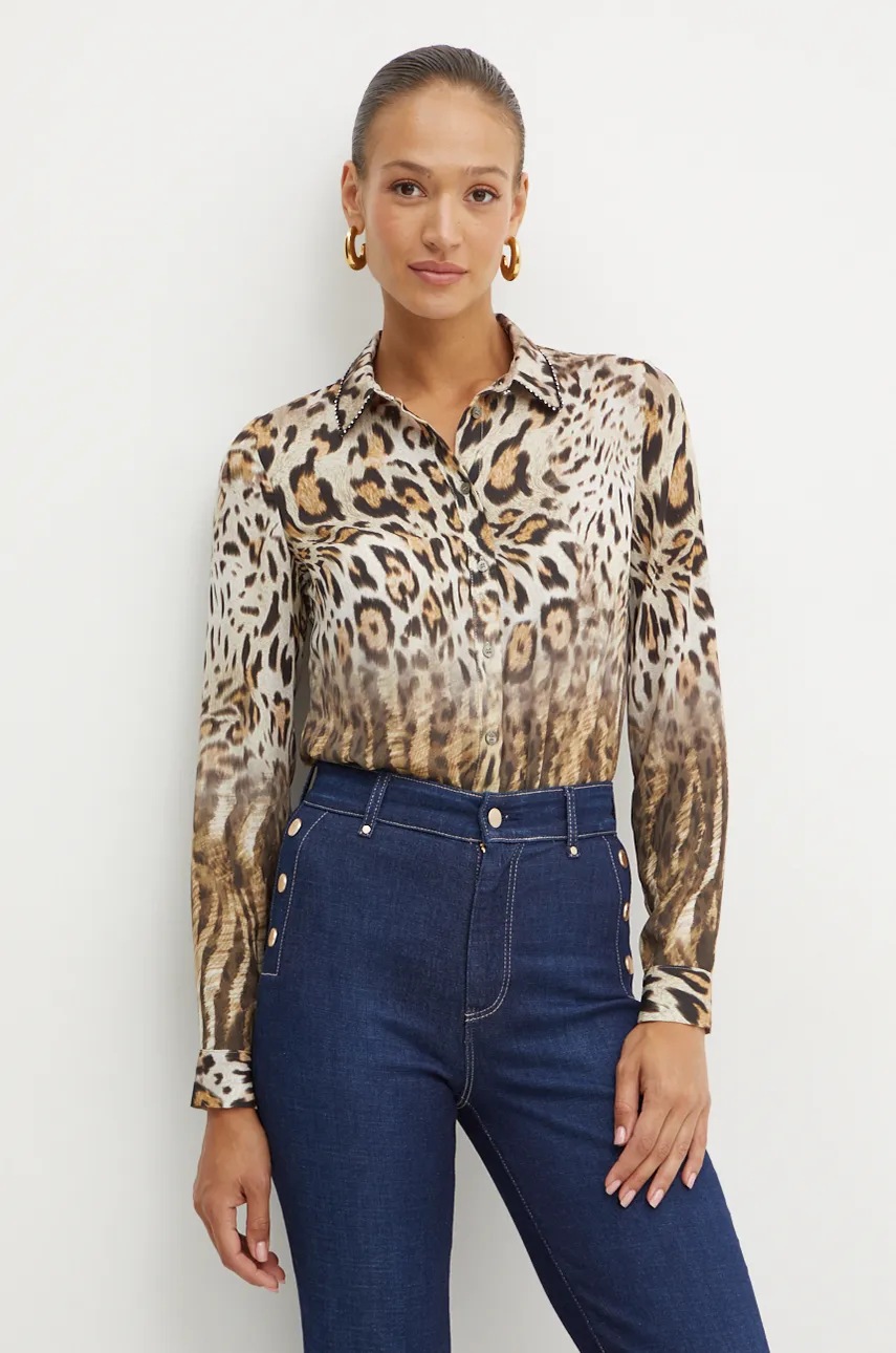 

Риза Guess CLOUIS дамска в кафяво със стандартна кройка с класическа яка W4BH56 WGLA2, Кафяв