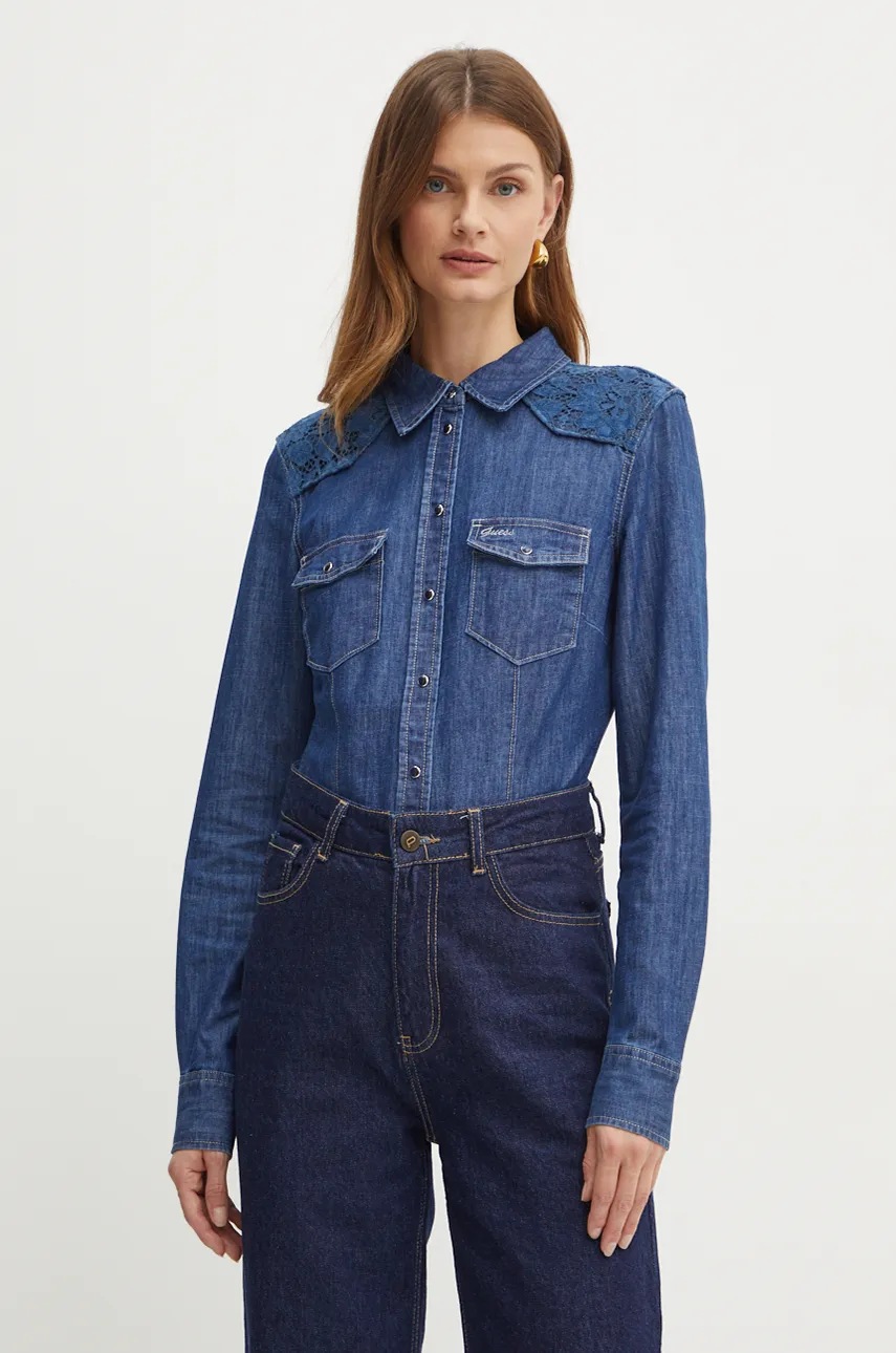 

Риза Guess дамска в синьо със стандартна кройка с класическа яка W4BH17 D5HK1, Син