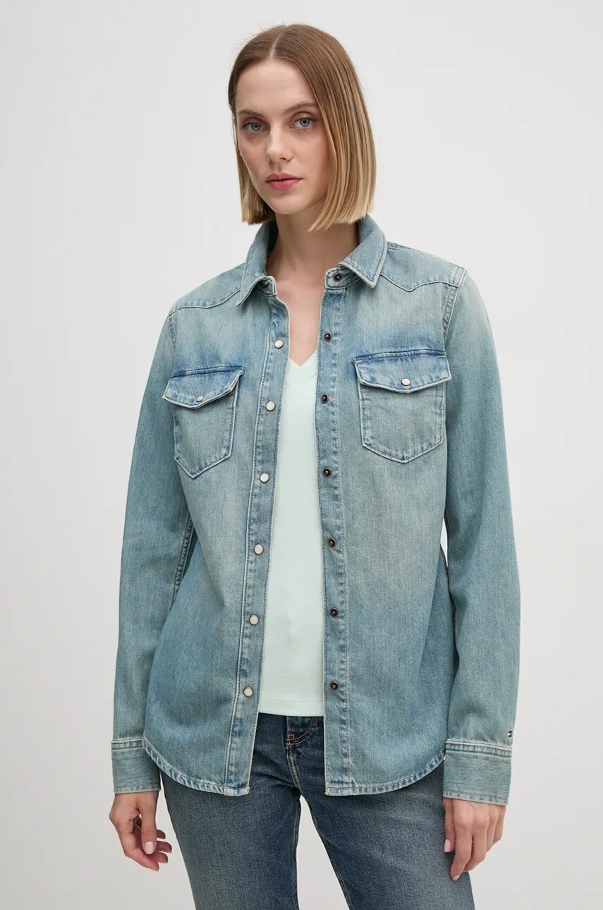 Levně Džínová košile Tommy Hilfiger dámská, modrá barva, slim, s klasickým límcem, WW0WW42875