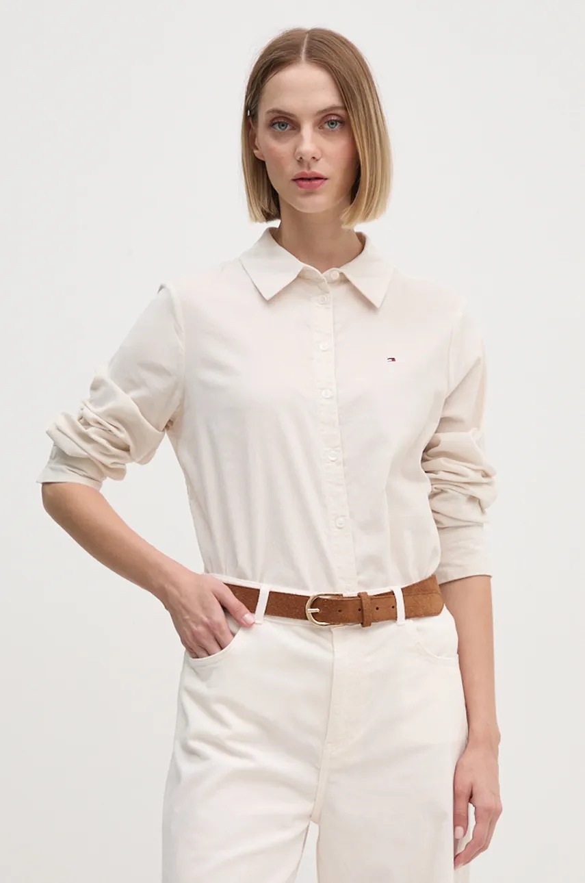 

Риза Tommy Hilfiger дамска в бежово със стандартна кройка с класическа яка WW0WW43563, Бежов