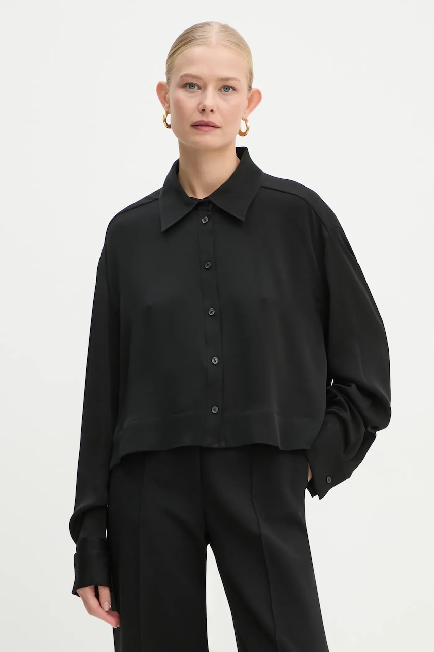 MICHAEL Michael Kors cămașă femei, culoarea negru, cu guler clasic, relaxed, MF440P5F06 MICHAEL Michael Kors cămașă femei, culoarea negru, cu guler clasic, relaxed, MF440P5F06