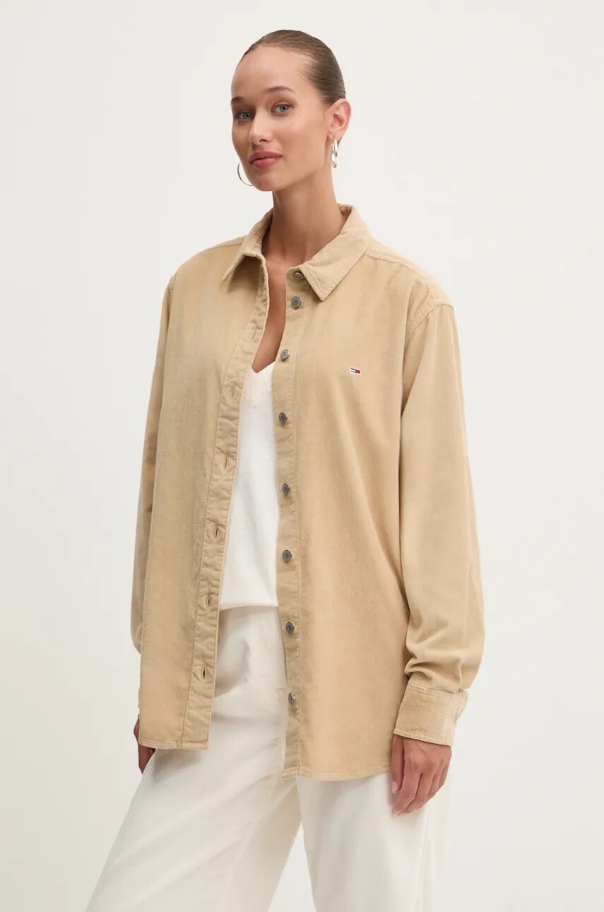 Tommy Jeans camasa din velur culoarea bej, cu guler clasic, relaxed, DW0DW18871