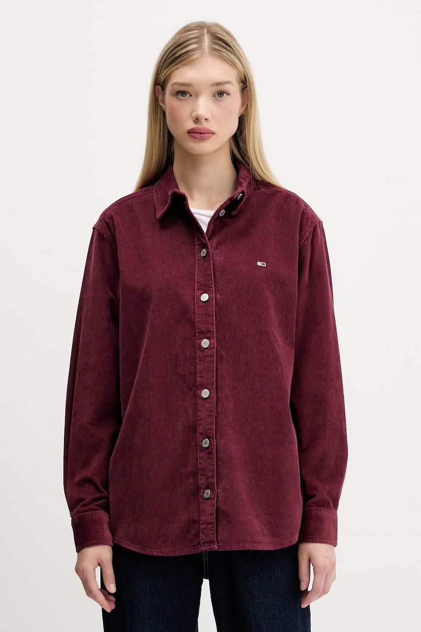 Tommy Jeans camasa din velur culoarea bordo, cu guler clasic, relaxed, DW0DW18871