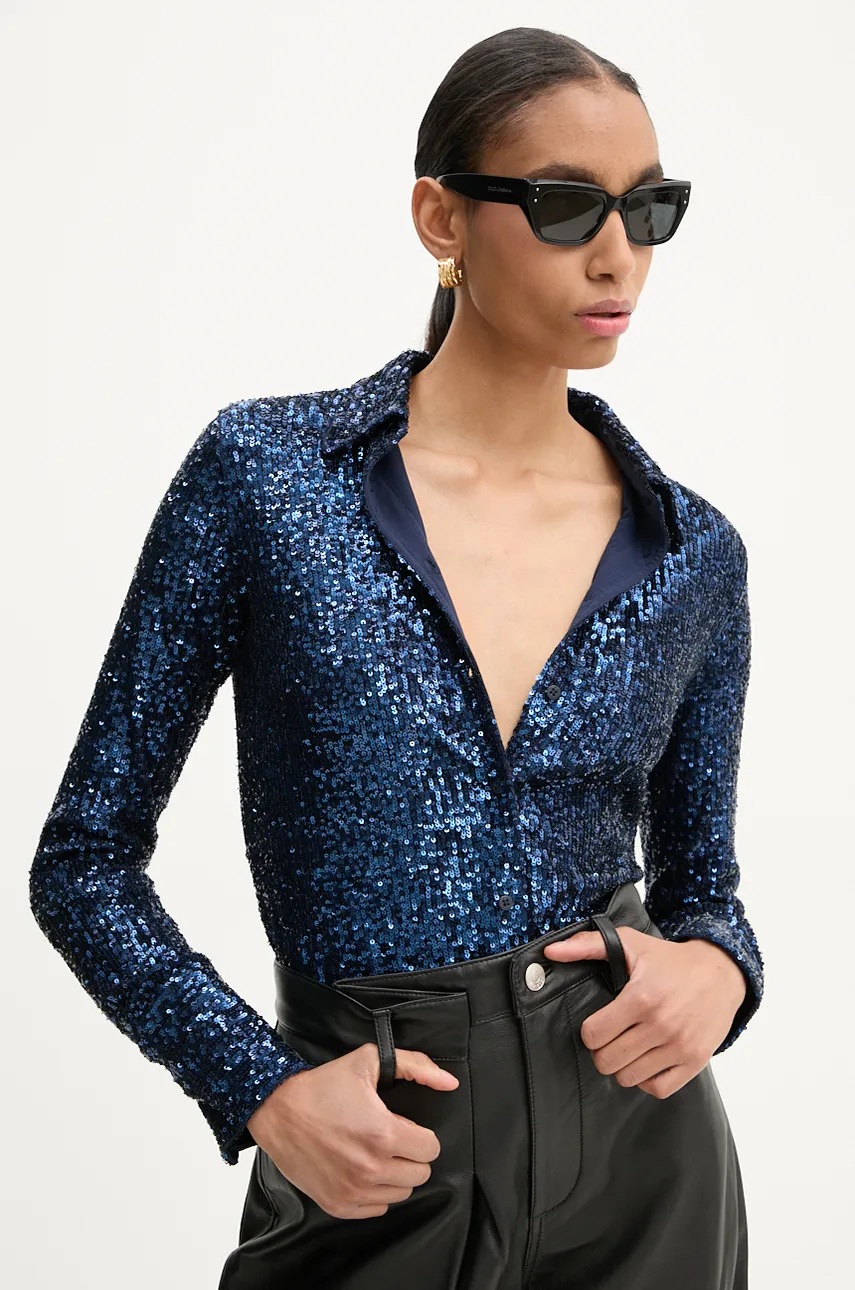 

Риза ZADIG&VOLTAIRE дамска в тъмносиньо със стандартна кройка с класическа яка WWSH00594, Тъмносин