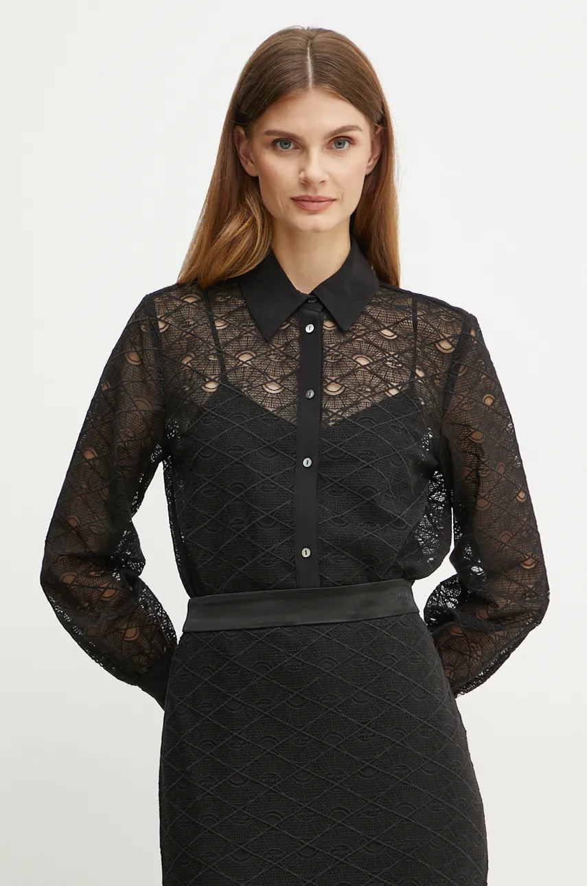 Karl Lagerfeld camasa femei, culoarea negru, cu guler clasic, regular, 246W1609 Karl Lagerfeld camasa femei, culoarea negru, cu guler clasic, regular, 246W1609