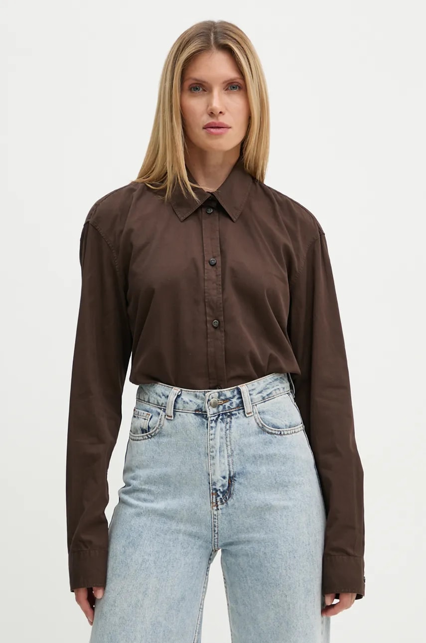 Won Hundred camasa din bumbac femei, culoarea maro, cu guler clasic, relaxed, 3189-14235 Won Hundred camasa din bumbac femei, culoarea maro, cu guler clasic, relaxed, 3189-14235