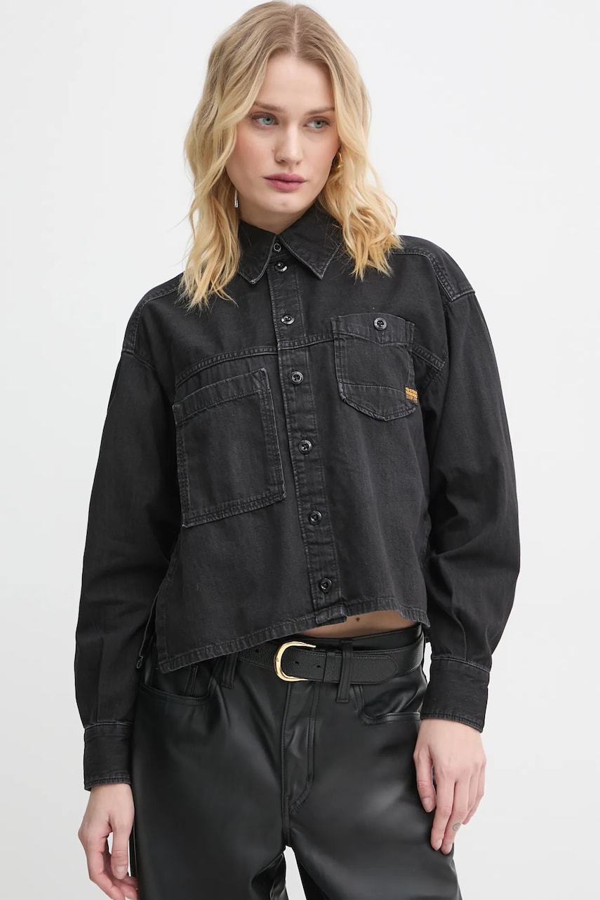 G-Star cămașă din denim femei, culoarea negru, cu guler clasic, relaxed, D25516-D540