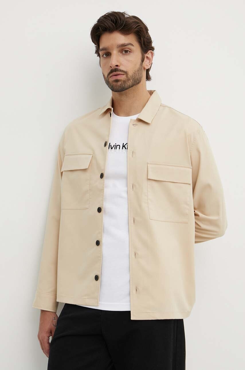 Levně Košile Calvin Klein pánská, béžová barva, regular, s klasickým límcem, K10K112988