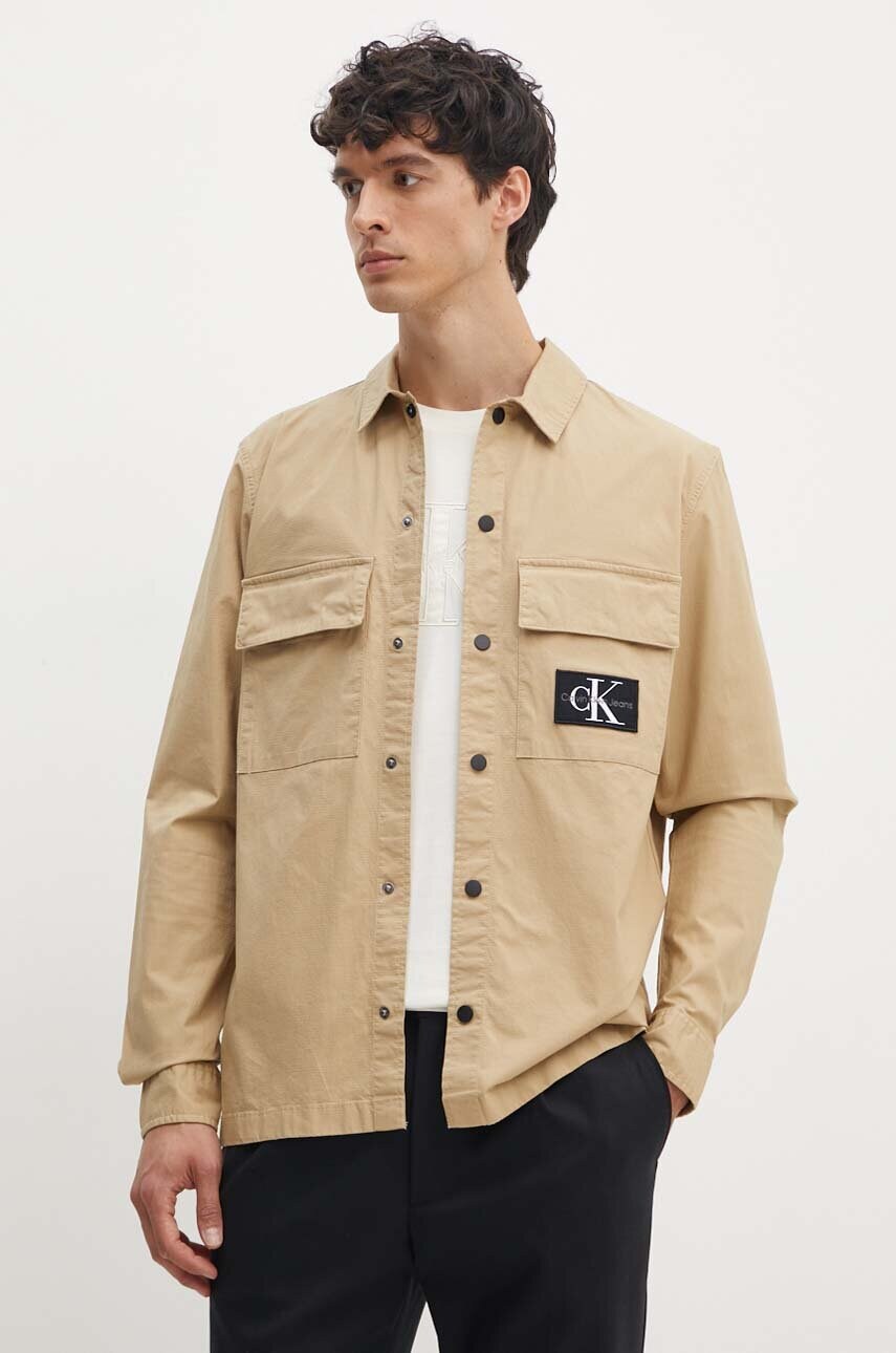 Levně Košile Calvin Klein Jeans pánská, béžová barva, relaxed, s klasickým límcem, J30J325618