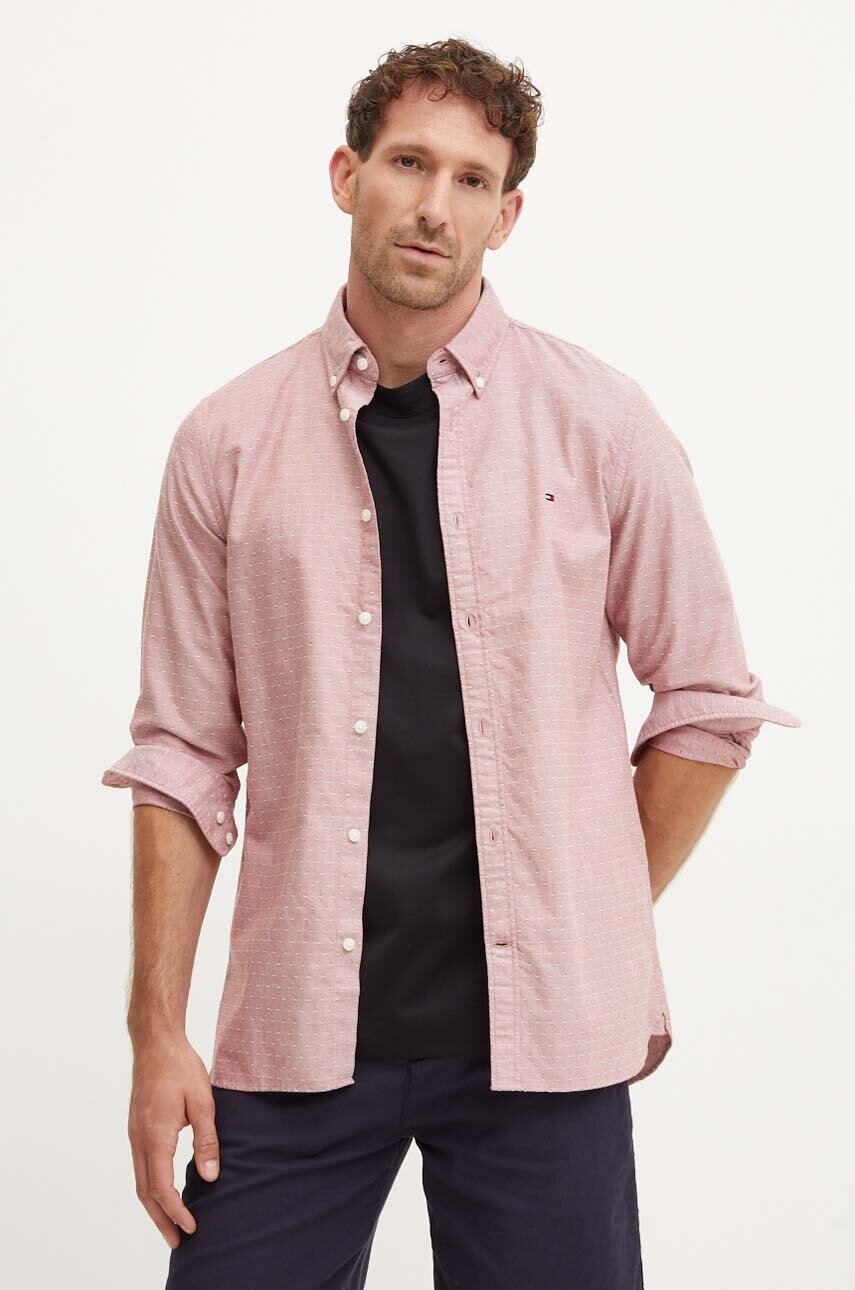 Levně Bavlněná košile Tommy Hilfiger červená barva, slim, s límečkem button-down, MW0MW35769