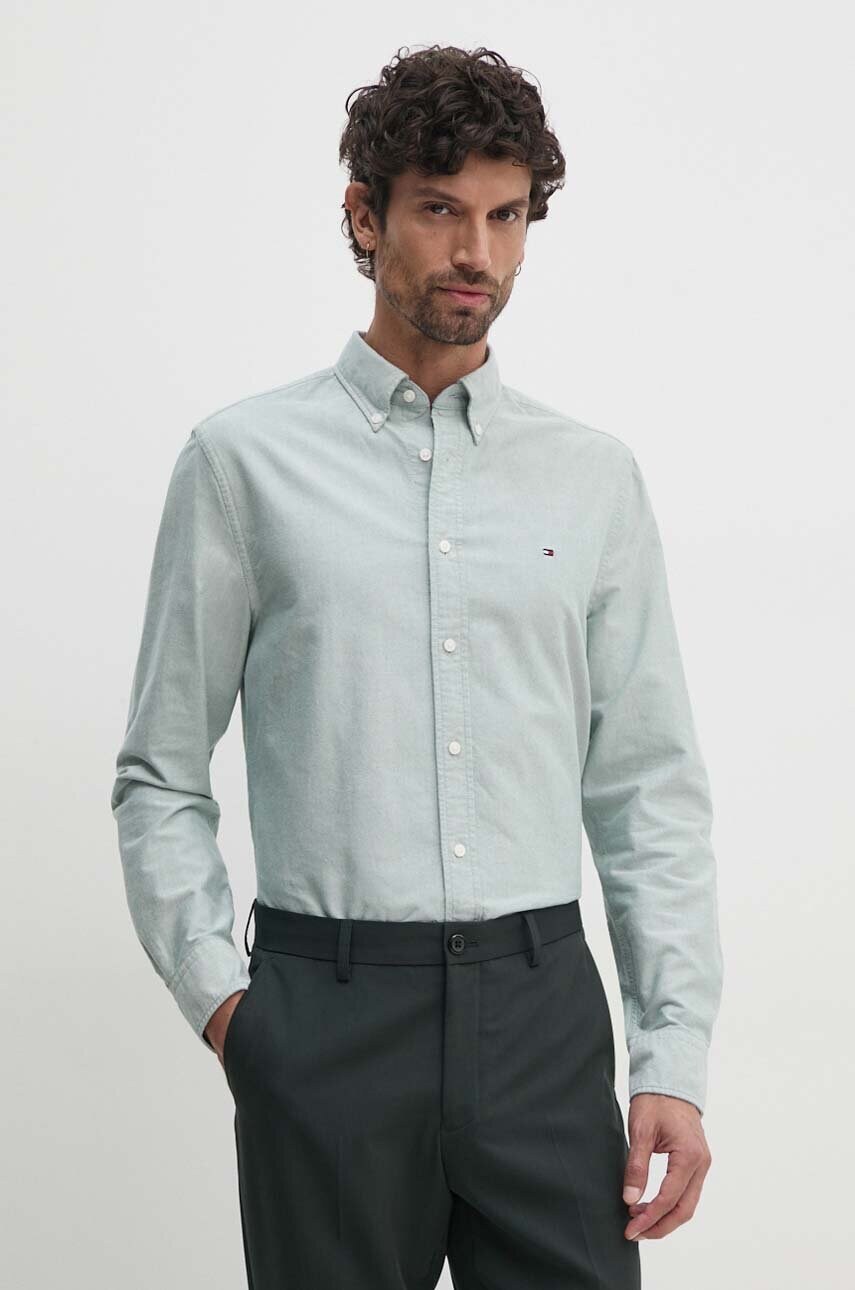Levně Bavlněná košile Tommy Hilfiger zelená barva, regular, s límečkem button-down, MW0MW35774