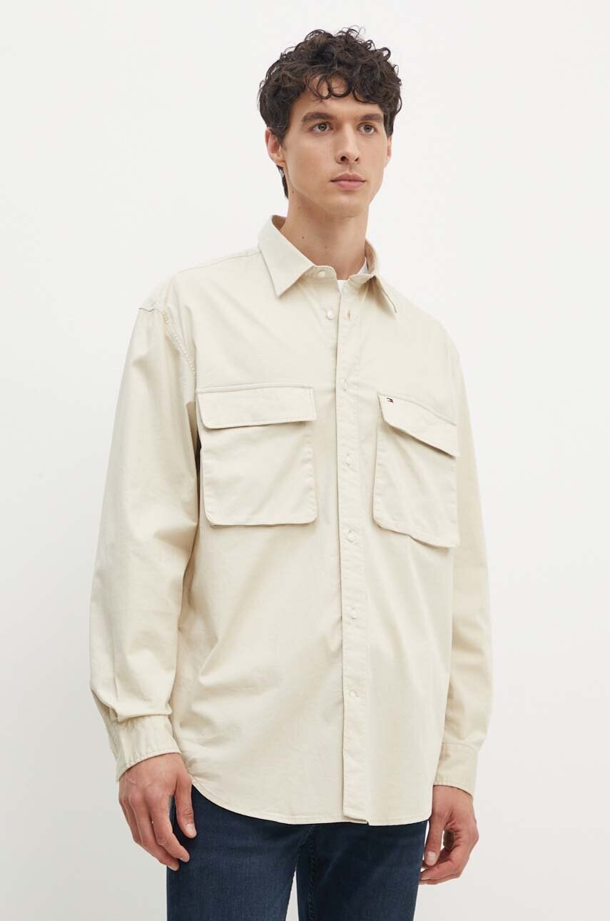 Levně Košile Tommy Hilfiger pánská, béžová barva, regular, s klasickým límcem, MW0MW35817