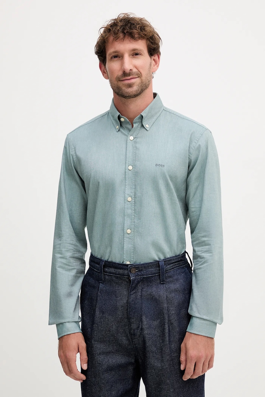 BOSS Orange camasa din bumbac barbati, culoarea verde, cu guler button-down, regular, 50519707 BOSS Orange camasa din bumbac barbati, culoarea verde, cu guler button-down, regular, 50519707