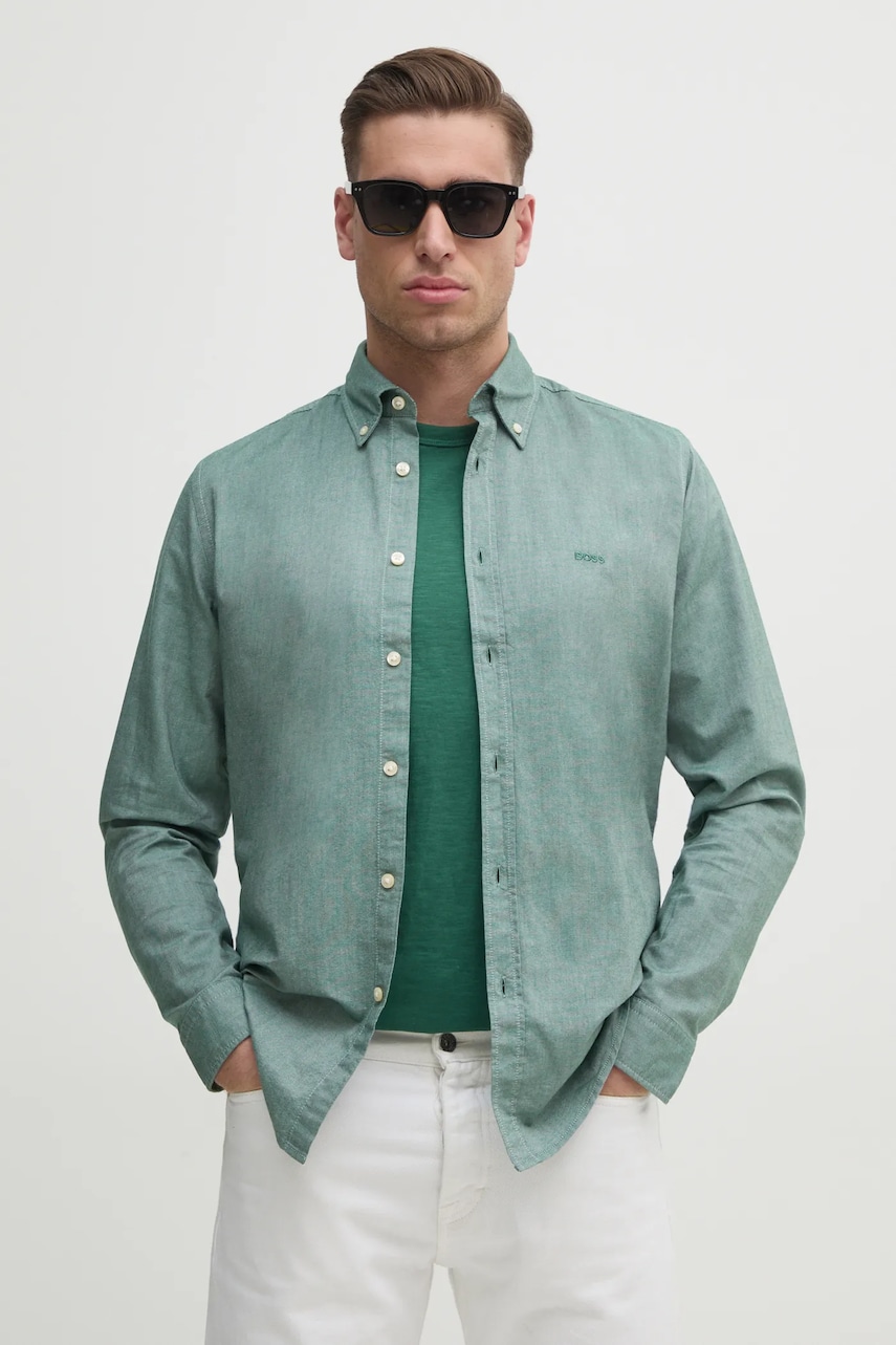 BOSS Orange camasa din bumbac barbati, culoarea verde, cu guler button-down, regular, 50519707