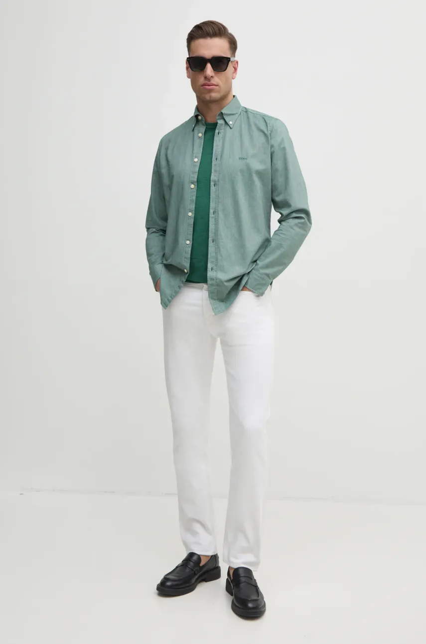 Хлопковая рубашка BOSS Orange мужская цвет зелёный regular воротник button-down 50519707 Хлопковая рубашка BOSS Orange мужская цвет зелёный regular воротник button-down 50519707
