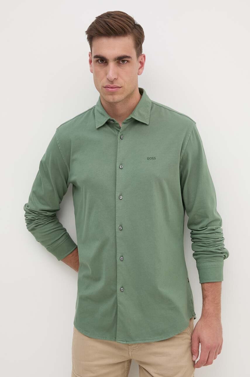 Boss Orange camasa din bumbac barbati, culoarea verde, cu guler clasic, slim, 50519746
