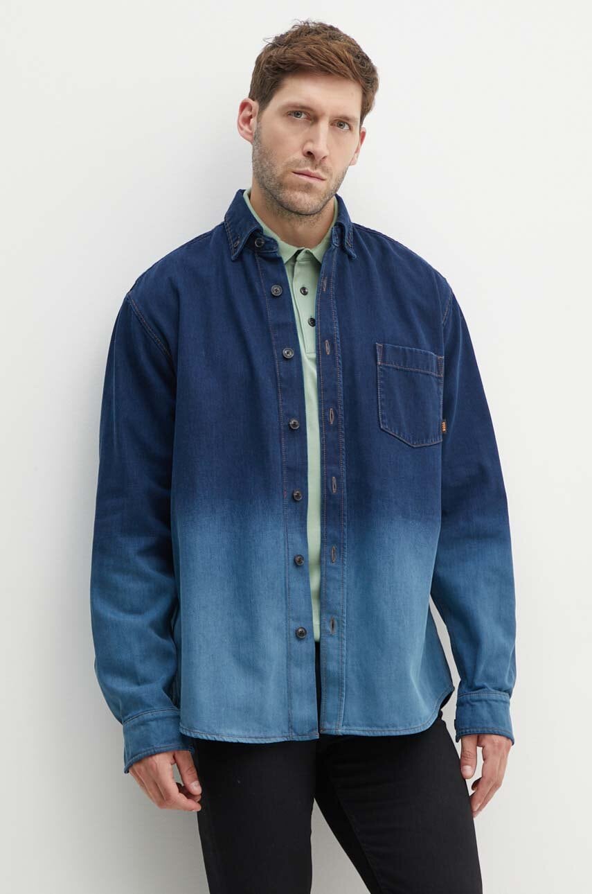 Boss Orange camasa jeans barbati, culoarea albastru marin, cu guler button-down, relaxed, 50520967