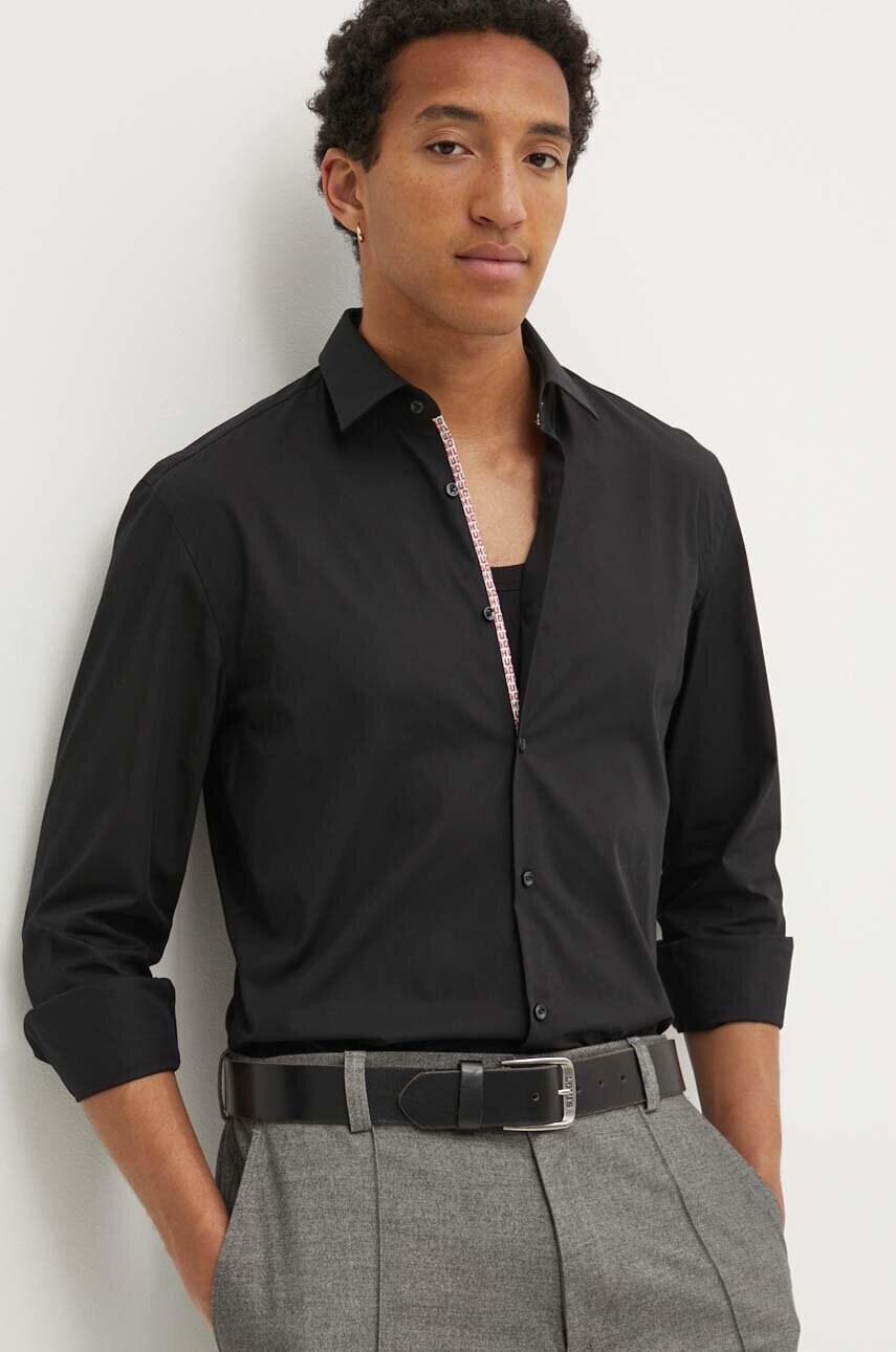 HUGO camasa din bumbac barbati, culoarea negru, cu guler italian, slim, 50519819