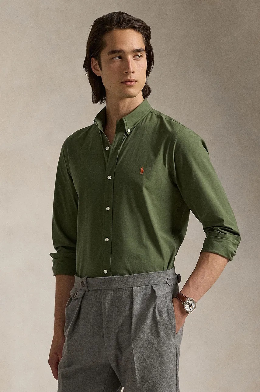 

Риза Polo Ralph Lauren мъжка в зелено с кройка по тялото с яка с копче 710929348, Зелен