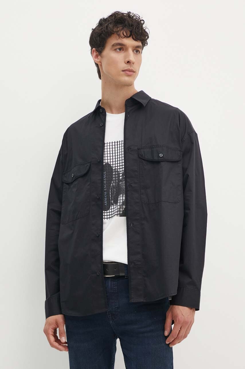 Armani Exchange camasa din bumbac barbati, culoarea negru, cu guler clasic, relaxed, 6DZCL7 ZN3CZ