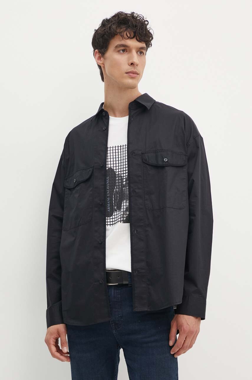 Armani Exchange camasa din bumbac barbati, culoarea negru, cu guler clasic, relaxed, 6DZCL7 ZN3CZ