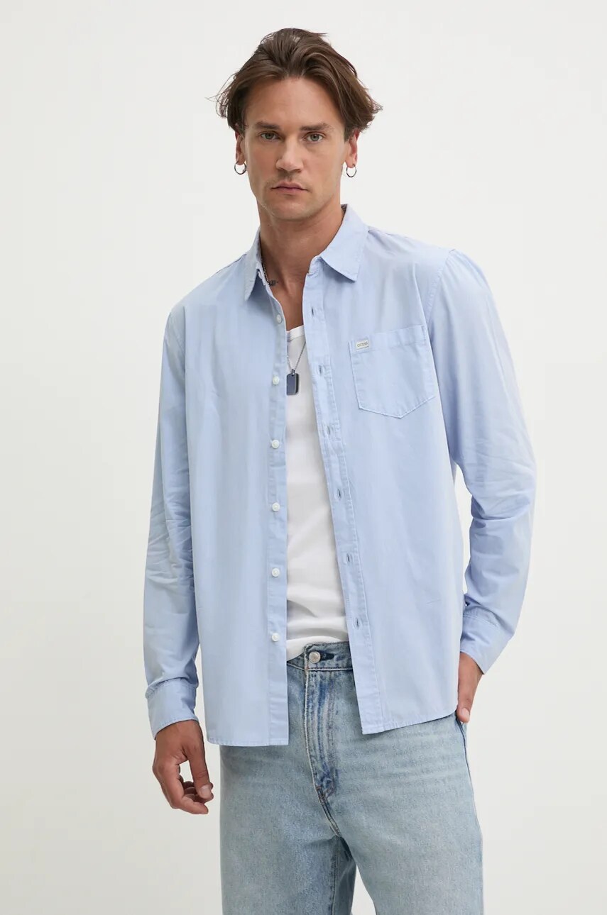 Levně Bavlněná košile Guess Jeans modrá barva, slim, s klasickým límcem, M4YH35 WGCF1