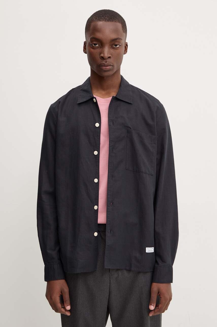 Levně Lněná košile Marc O'Polo DENIM černá barva, regular, s klasickým límcem, 5000000297