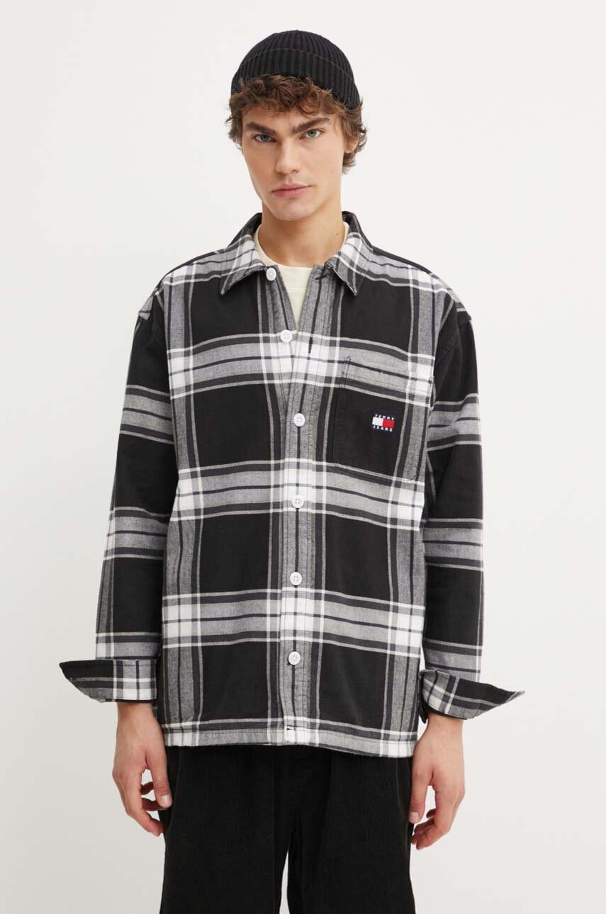 Tommy Jeans camasa din bumbac barbati, culoarea negru, cu guler clasic, relaxed, DM0DM19518