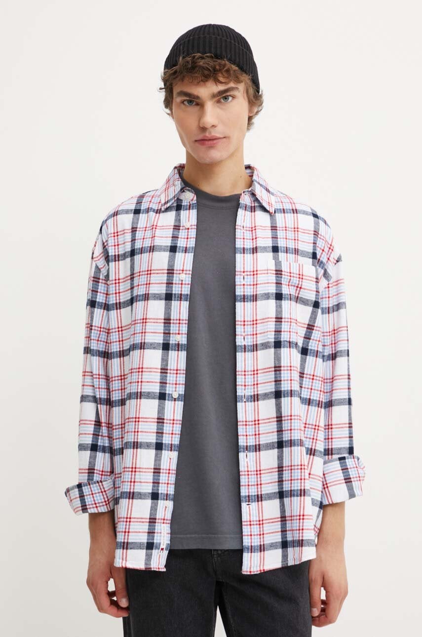 Tommy Jeans camasa din bumbac barbati, culoarea alb, cu guler clasic, relaxed, DM0DM19532