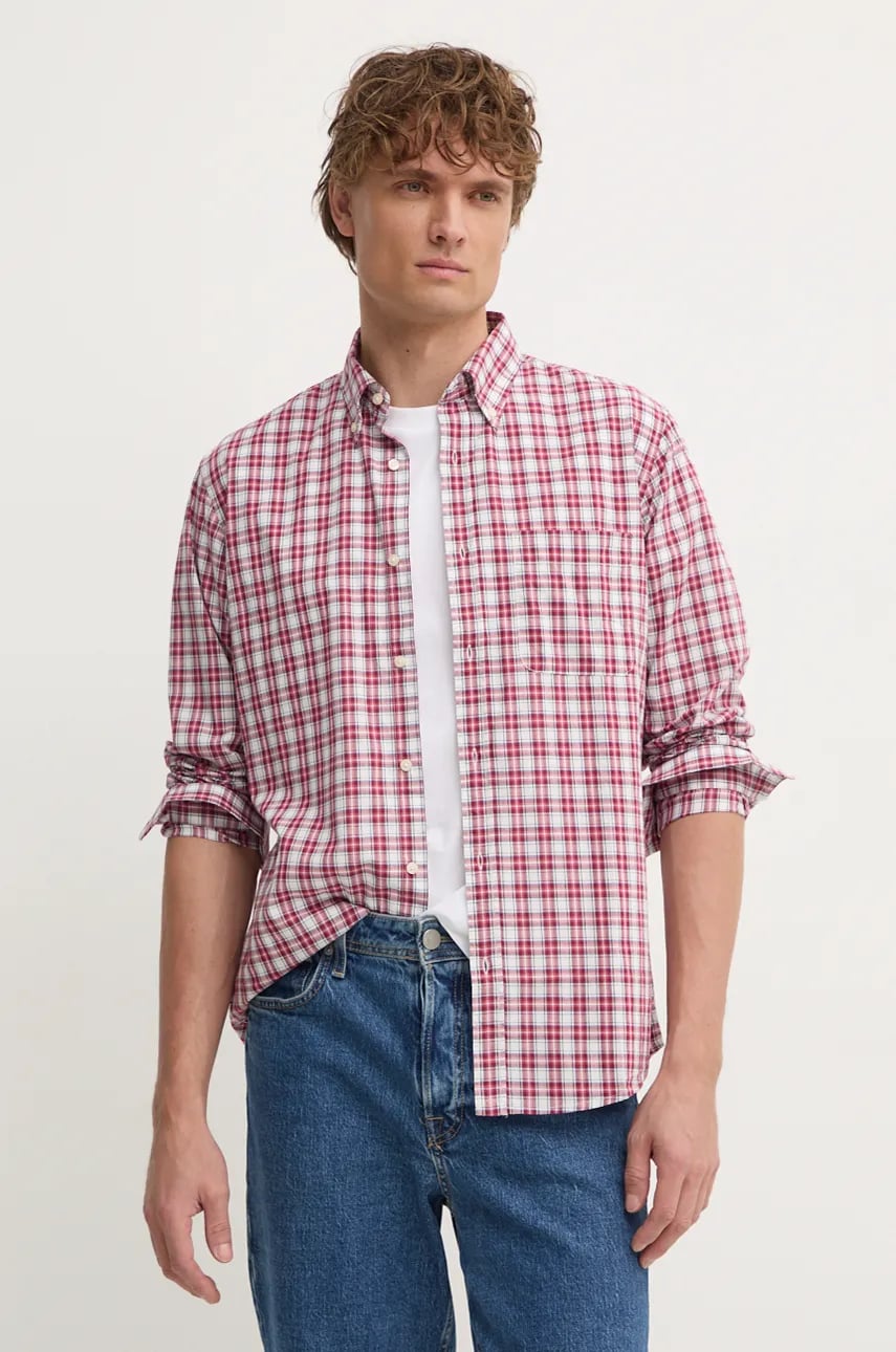 United Colors of Benetton camasa din bumbac barbati, culoarea rosu, cu guler button-down, regular, 52MCUQ04B United Colors of Benetton camasa din bumbac barbati, culoarea rosu, cu guler button-down, regular, 52MCUQ04B