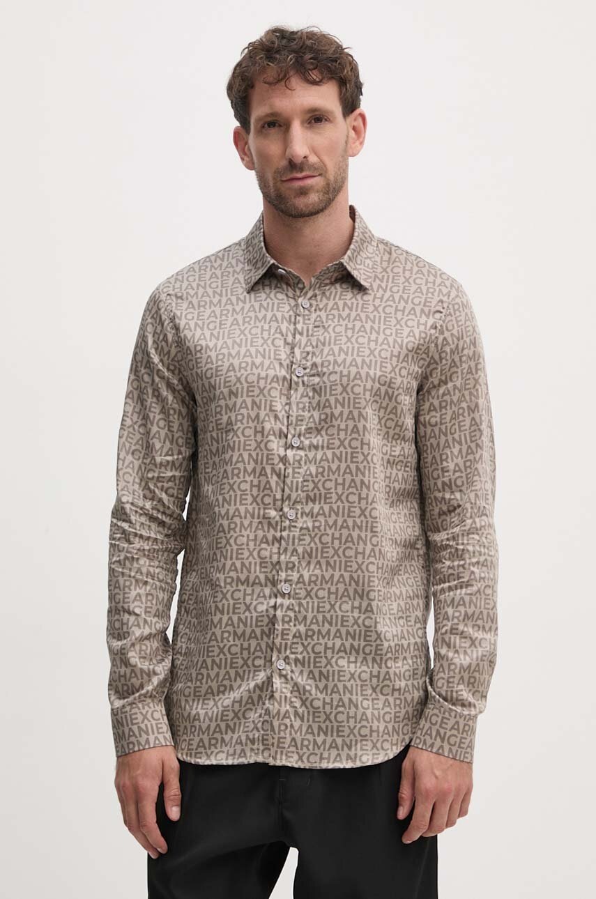 Armani Exchange camasa din bumbac barbati, culoarea bej, cu guler clasic, regular, 6DZC45 ZNZRZ