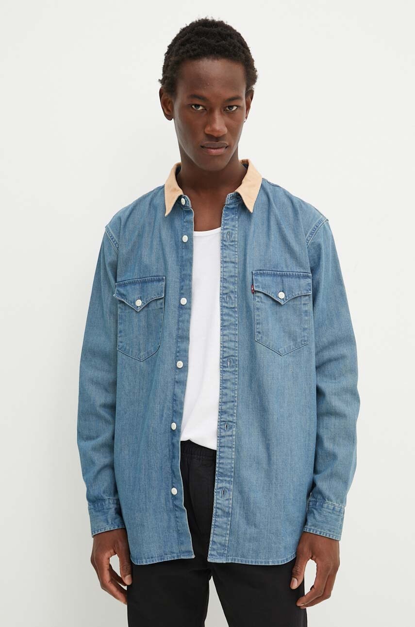 Levi\'s camasa jeans barbati, culoarea maro, cu guler clasic, relaxed, A1919