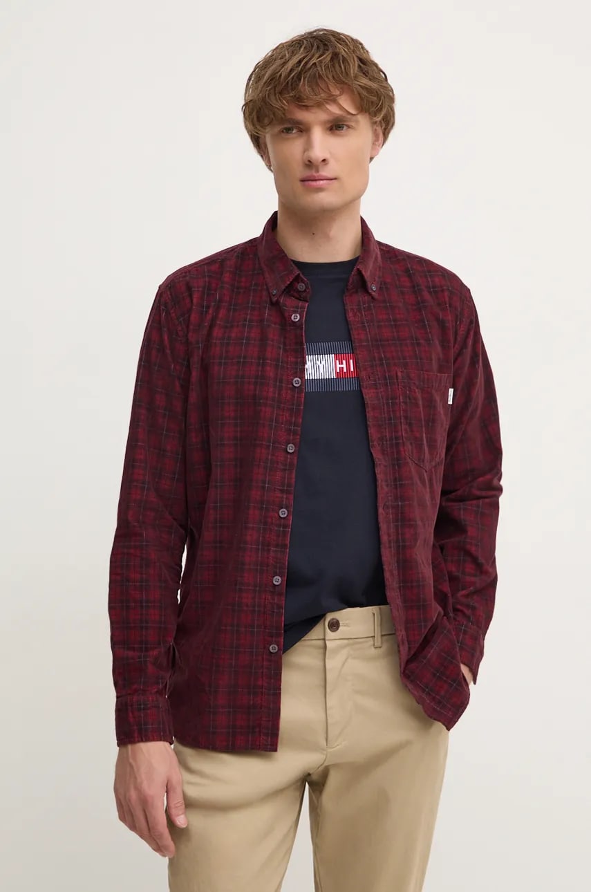 Pepe Jeans cămașă de catifea MAREL culoarea bordo, cu guler button-down, regular, PM308725 Pepe Jeans cămașă de catifea MAREL culoarea bordo, cu guler button-down, regular, PM308725