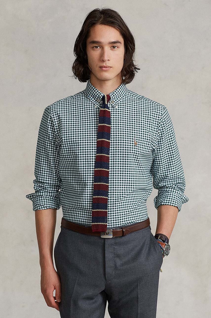 

Памучна риза Polo Ralph Lauren мъжка в зелено с кройка по тялото с яка с копче 710852744, Зелен