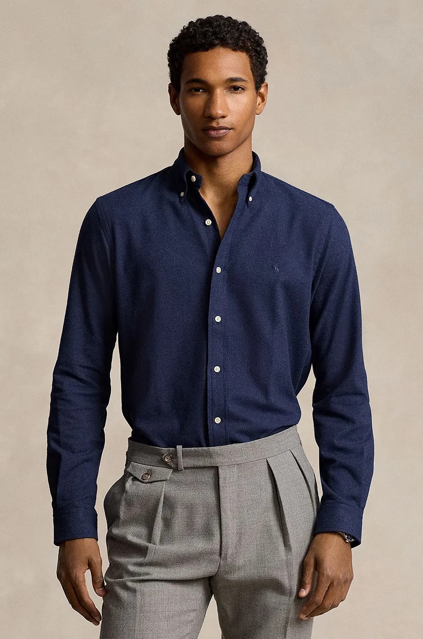 

Риза Polo Ralph Lauren мъжка в тъмносиньо с кройка по тялото с яка с копче 710953354, Тъмносин