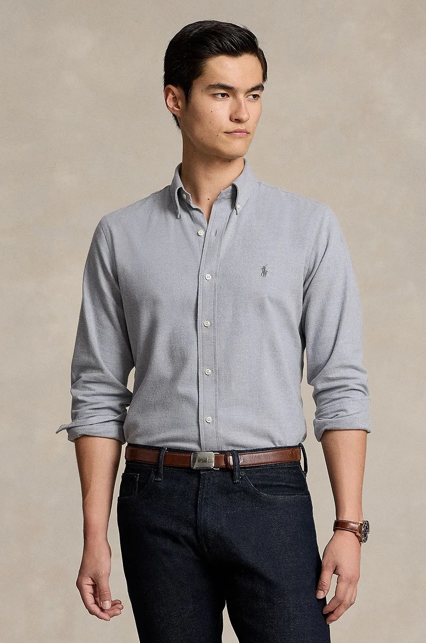 

Риза Polo Ralph Lauren мъжка в сиво с кройка по тялото с яка с копче 710953354, Сив