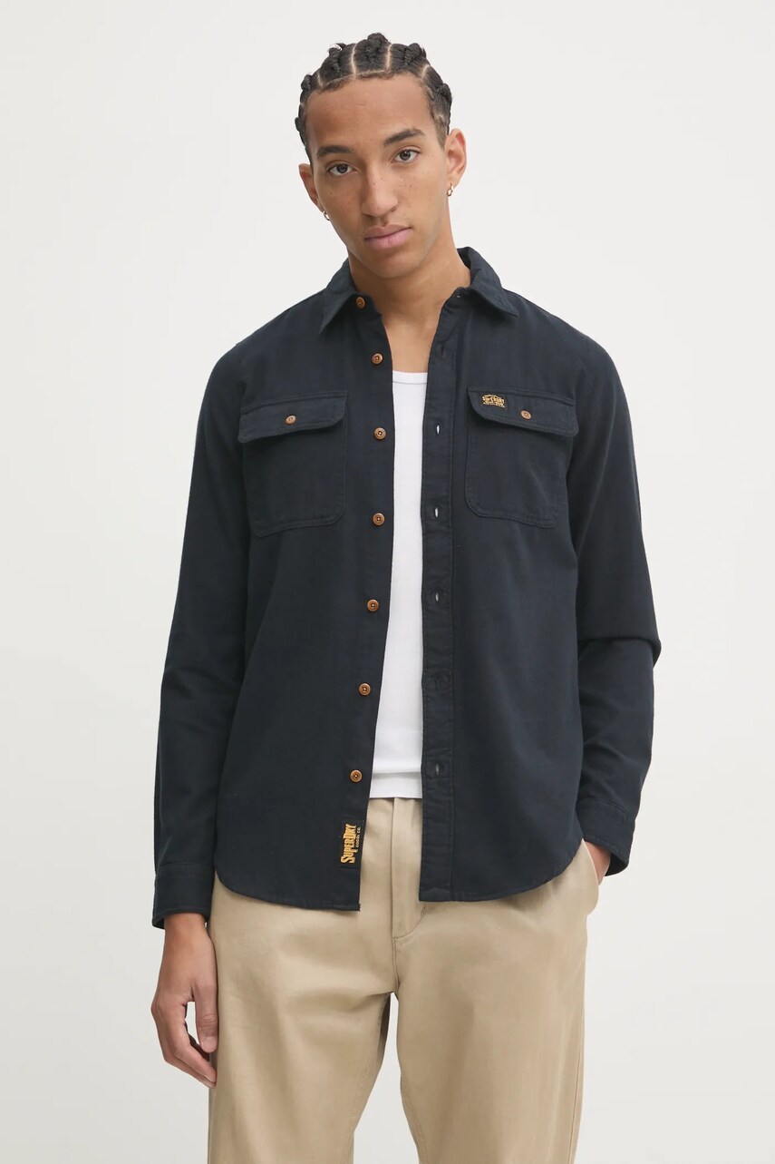 Superdry camasa din bumbac barbati, culoarea albastru marin, cu guler clasic, regular, M4010723A-12A