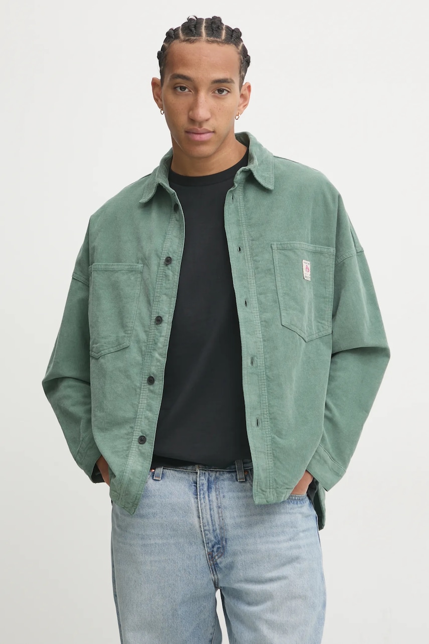 Kaotiko camasa din velur culoarea verde, cu guler clasic, regular, AP003-01-K002