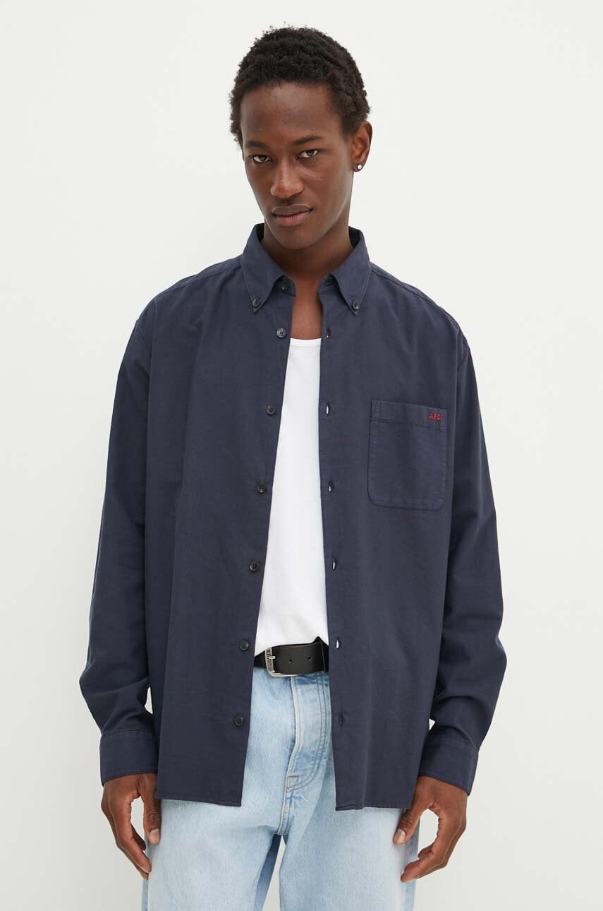 A.P.C. camasa din bumbac Chemise Mateo Logo barbati, culoarea albastru marin, cu guler button-down, relaxed, COHAH.H12599 A.P.C. camasa din bumbac Chemise Mateo Logo barbati, culoarea albastru marin, cu guler button-down, relaxed, COHAH.H12599