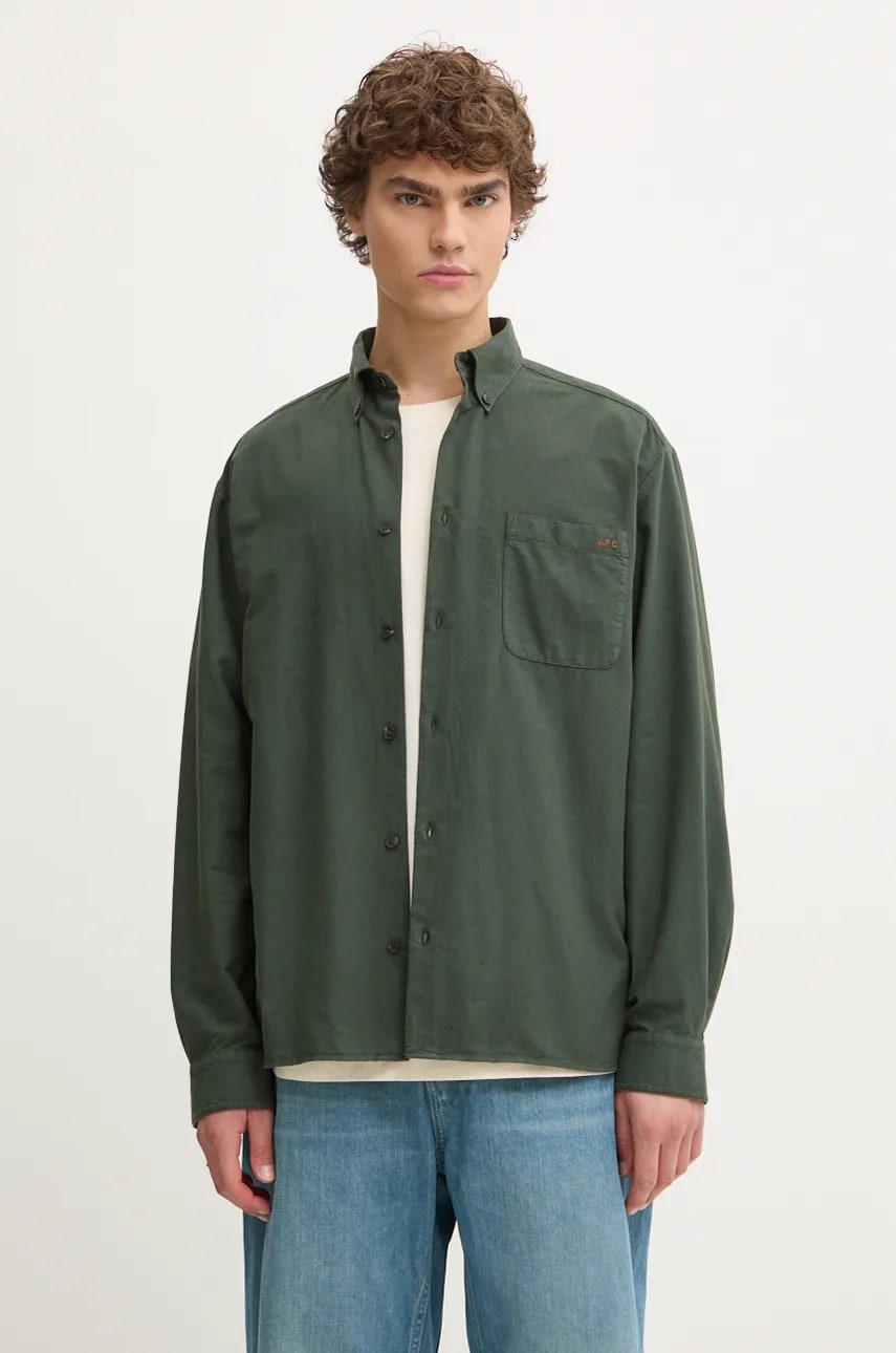 A.P.C. camasa din bumbac Chemise Mateo Logo barbati, culoarea verde, cu guler button-down, relaxed, COHAH.H12599 A.P.C. camasa din bumbac Chemise Mateo Logo barbati, culoarea verde, cu guler button-down, relaxed, COHAH.H12599