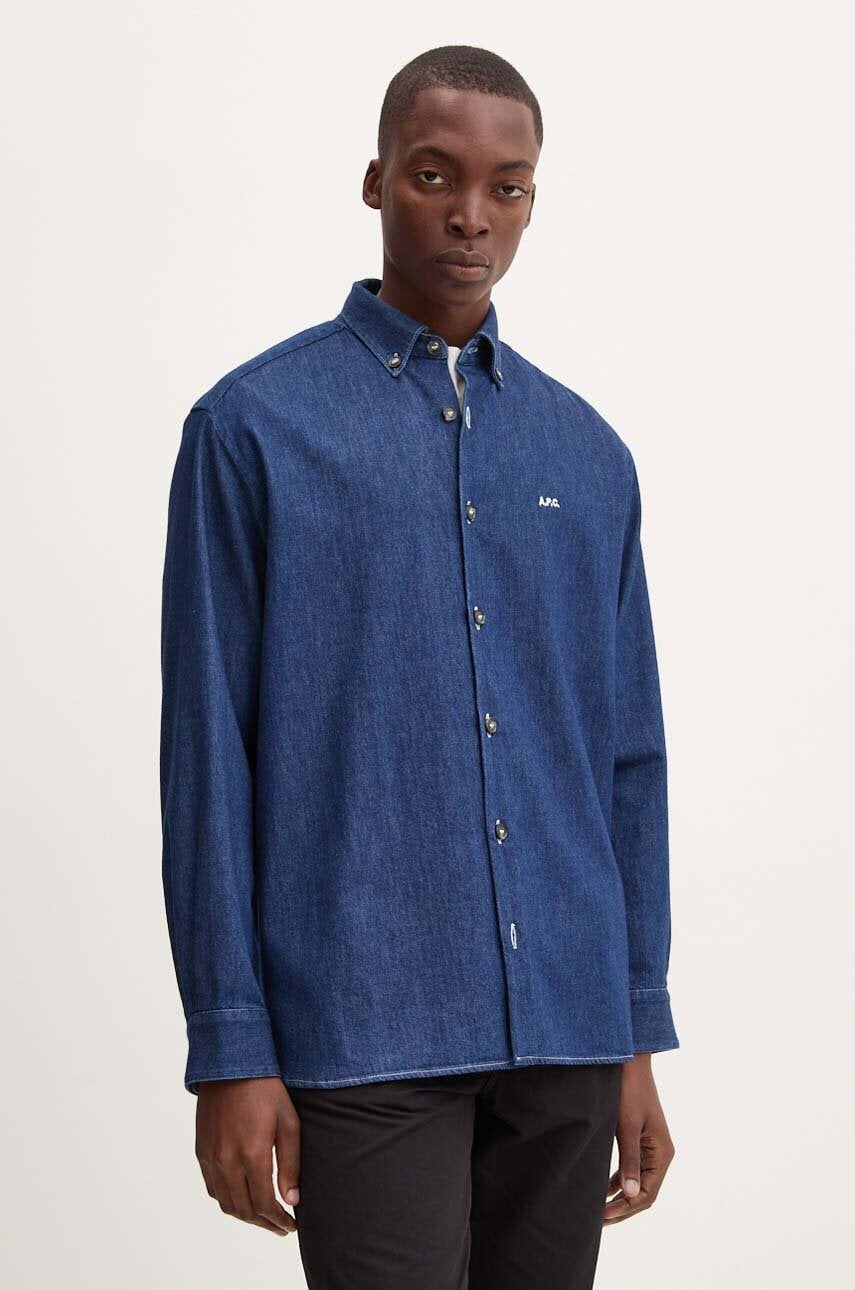 A.P.C. camasa jeans chemise mathias logo barbati, culoarea albastru marin, cu guler button-down, relaxed, COHAL.H12586