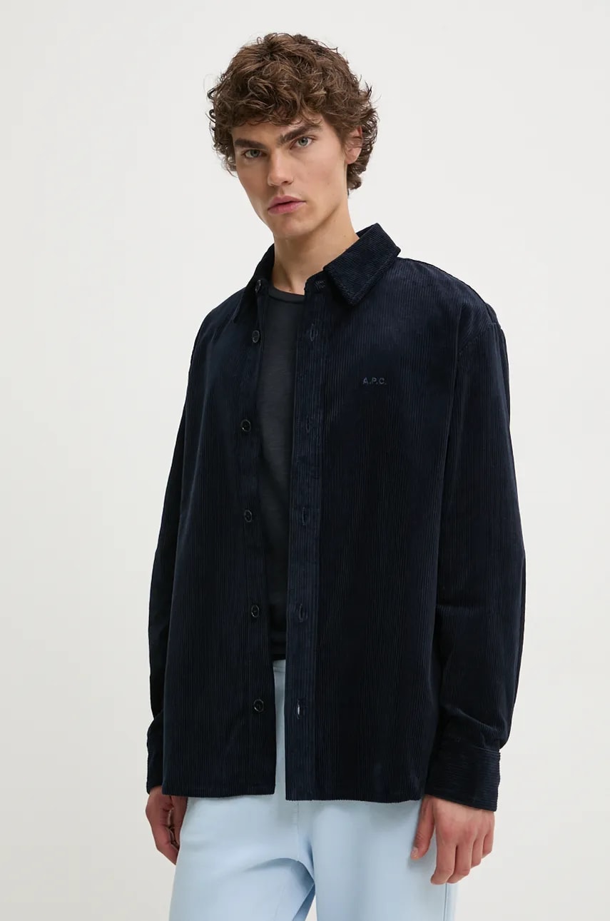 A.P.C. camasa din velur surchemise bobby culoarea albastru marin, cu guler clasic, regular, COHBB.H02976